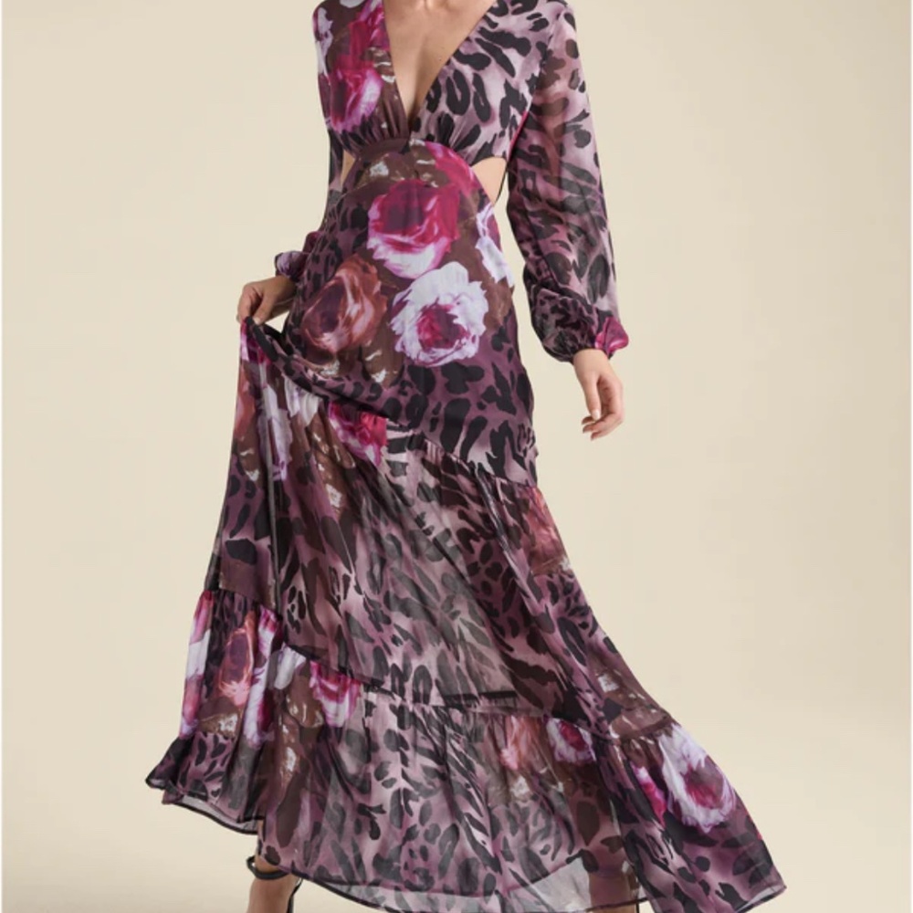 Giffniseti Leopard Print Cut Out Plunging Neck Lantern Sleeve Ruffle Hem Dress